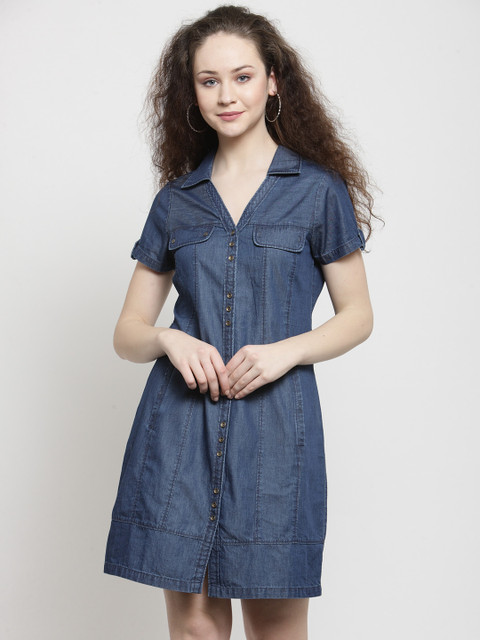 

Latin Quarters Women Blue Solid Denim Shirt Dress