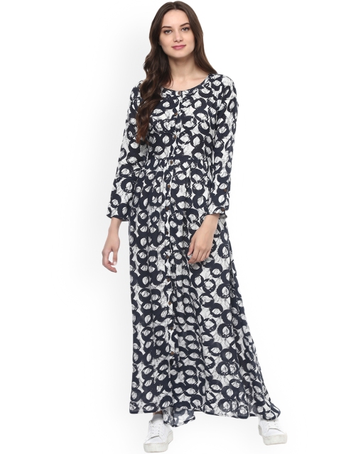 

Jaipur Kurti Women Navy Blue & White Printed Maxi Dress