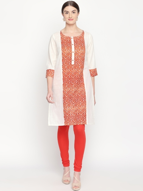 

RANGMANCH BY PANTALOONS Women White & Orange Printed Straight Kurta