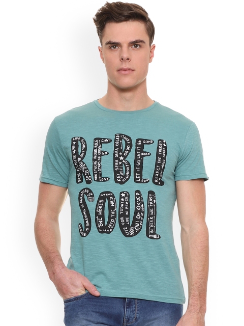 

People Men Turquoise Blue Printed Round Neck T-shirt