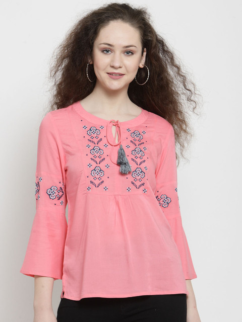 

Latin Quarters Women Pink Embroidered A-Line Top