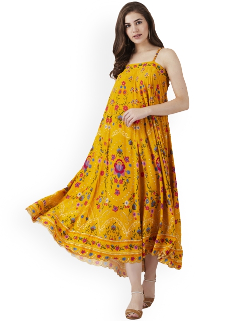 

Label Ritu Kumar Women Yellow Printed A-Line Midi Dress