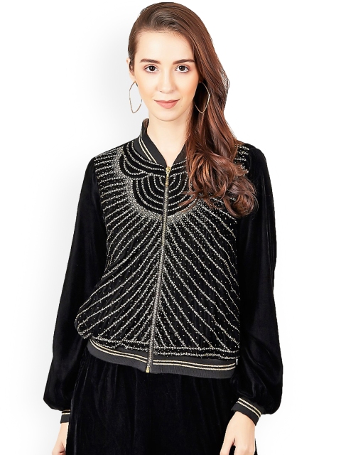 

Label Ritu Kumar Women Black Self Design Bomber