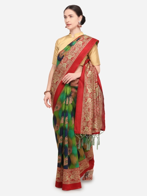 

Blissta Green & Red Art Silk Printed Mysore Silk Saree