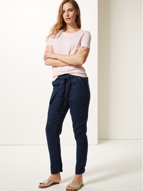 

Marks & Spencer Women Navy Blue Tapered Fit Solid Peg Trousers