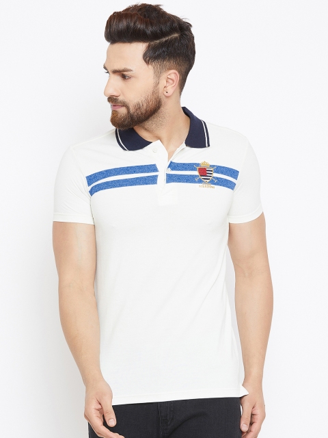 

Duke Men White Striped Polo Collar T-shirt