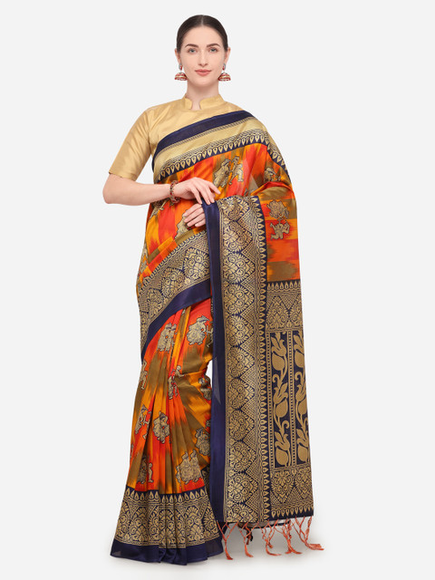 

Blissta Orange & Navy Blue Art Silk Printed Mysore Silk Saree