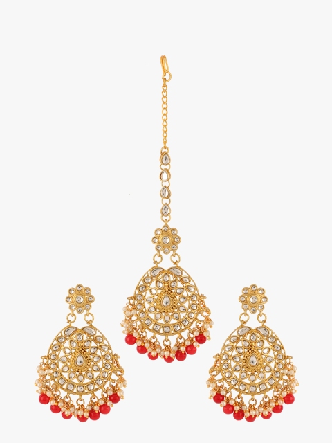 

Peora Gold-Plated & Red Traditional Kundan & Pearl Earring Set with Maang Tikka