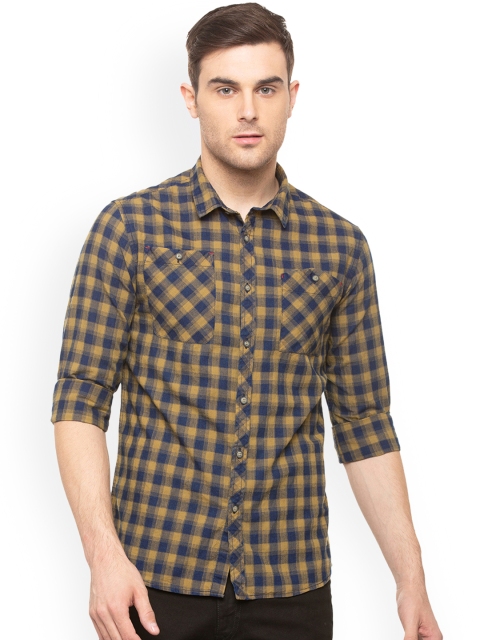 

People Men Blue & Yellow Regular Fit Checked Casual Shirt