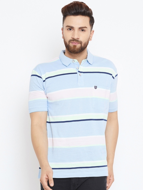 Duke Men Blue & White Striped Polo Collar T-shirt
