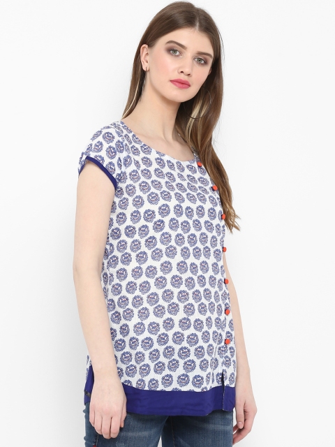 

Mutri Women White & Blue Printed Straight Kurti