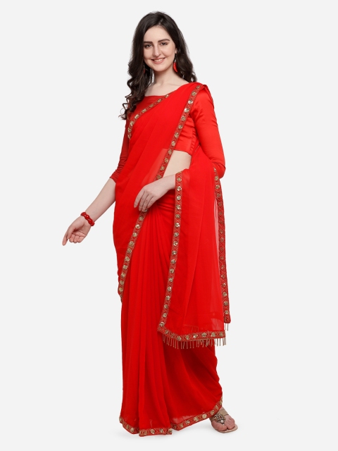 

Sugathari Red Solid Poly Georgette Saree