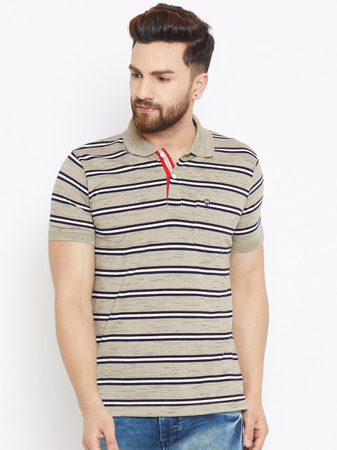 

Duke Men Brown & Navy Blue Striped Polo Collar T-shirt