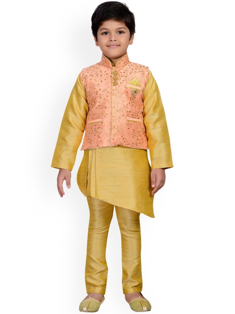 

Aj DEZInES Boys Gold-Toned & Peach-Coloured Solid Kurta with Trousers & Nehru Jacket