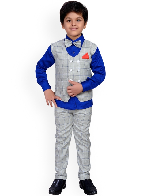 

Aj DEZInES Boys Grey & Blue Solid Shirt with Trousers & Waistcoat