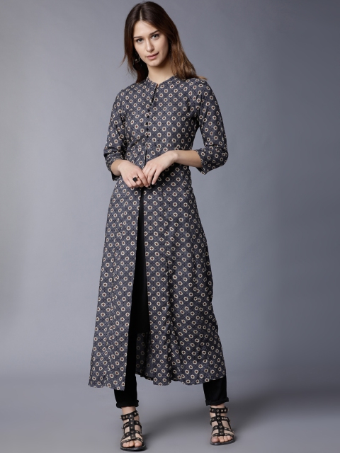 

Vishudh Women Grey & Cream-Coloured Printed A-Line Kurta