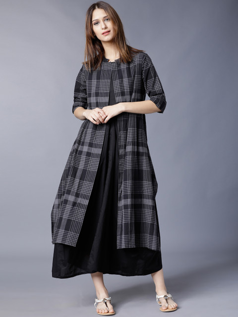 

Vishudh Women Black Solid A-Line Dress With Jacket