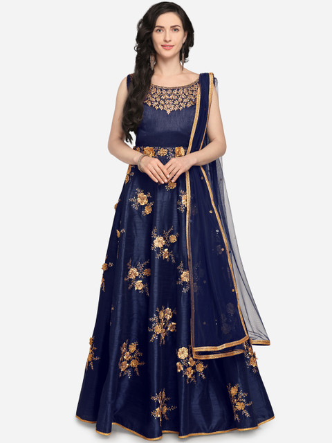 

Stylee LIFESTYLE Navy Blue & Brown Raw Silk Semi-Stitched Dress Material