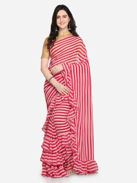 

Sugathari Pink & White Ruffled Poly Georgette Striped Saree
