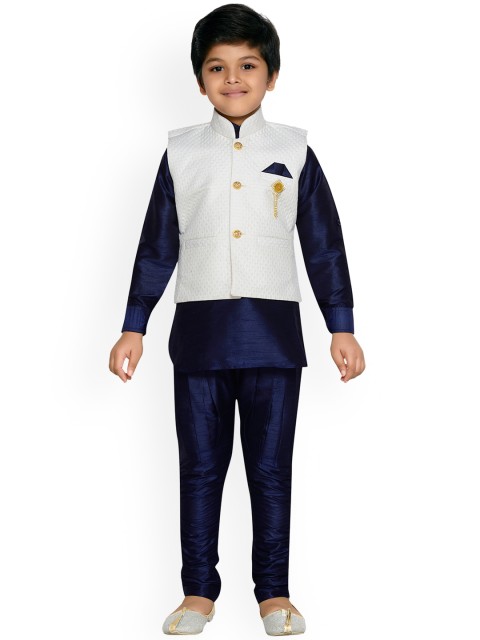 

Aj DEZInES Boys Navy Blue & White Solid Kurta with Churidar & Nehru jacket