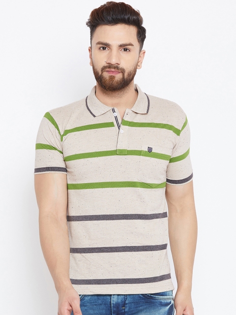 Duke Men Beige & Green Striped Polo Collar T-shirt