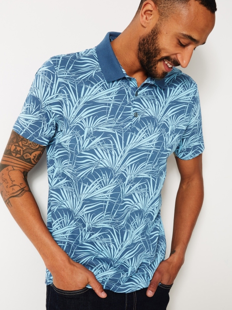 

Marks Spencer Men Blue Printed Polo Collar Pure Cotton T-shirt