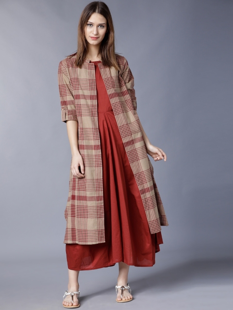 

Vishudh Women Rust Brown Solid A-Line Dress with Longline Shrug, Coffee brown