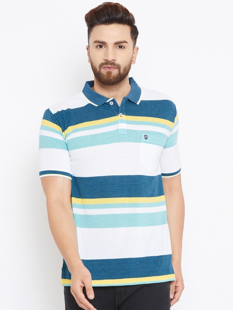 Duke Men Blue & White Striped Polo Collar T-shirt