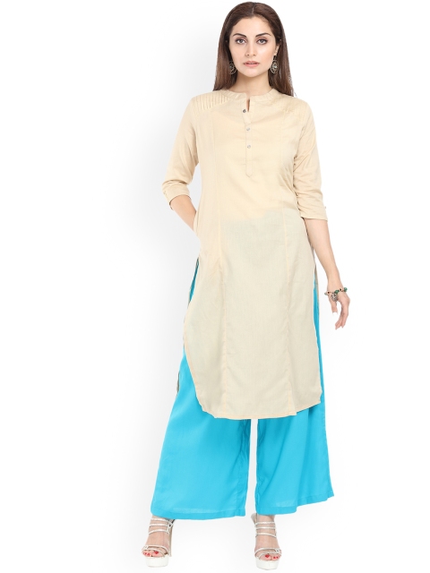 

Alena Women's Beige colour Straight fit Cotton Kurtas with Three-Quarter Sleeves