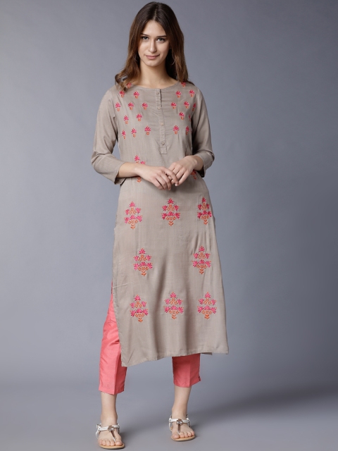 

Vishudh Women Beige Embroidered Straight Kurta