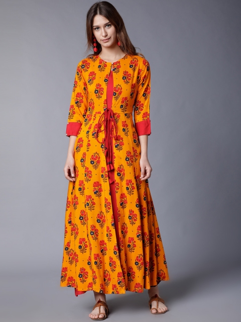 

Vishudh Women Red & Mustard Yellow Printed Layered Kurta