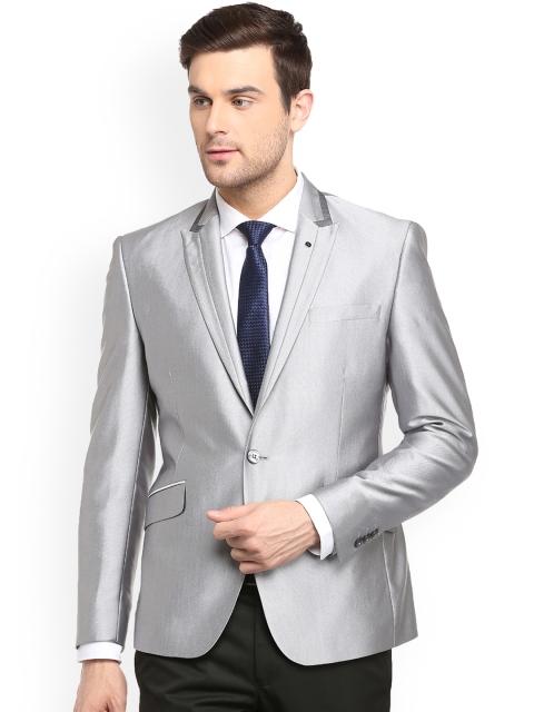 

V Dot Men Grey Solid Slim-Fit Single-Breasted Formal Blazer
