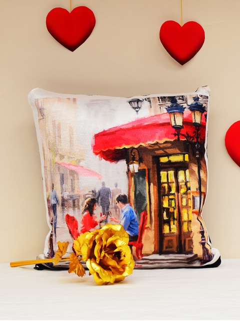 

Archies Love Gifts Multicoloured Printed Cushions & 24K Golden Rose Valentines Day Gift Set, Multi