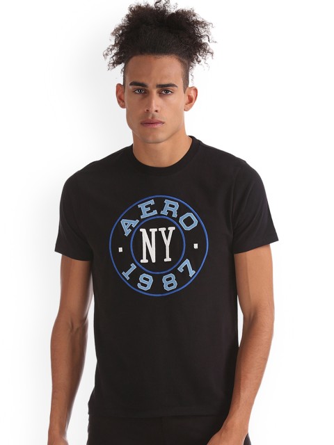 

Aeropostale Men Black Printed Round Neck Pure Cotton T-shirt