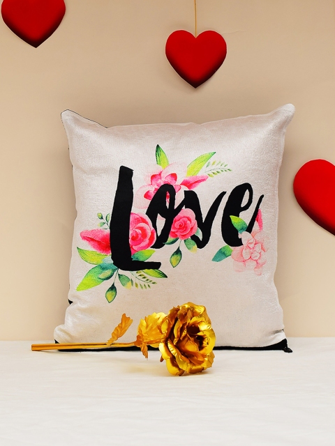 

Archies Love Gifts white 1st Valentines Day Special Cushion (30x30) & 24K Golden Rose- Pack of 2