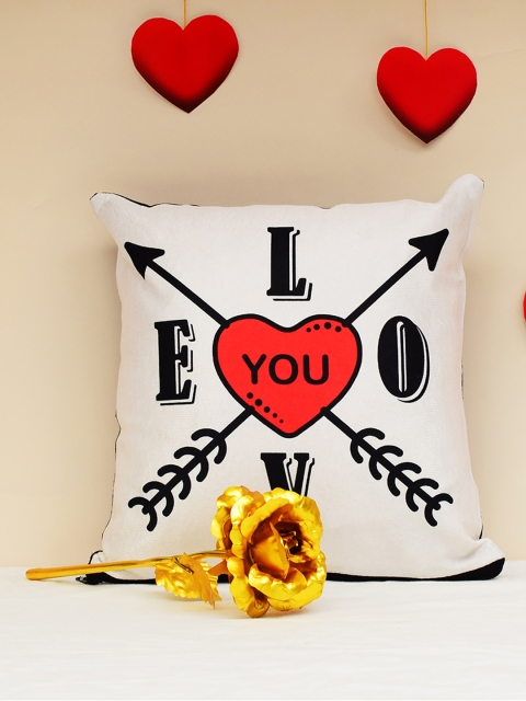 

Archies Love Gifts Pack Of 2 Red 1st Valentines Day Special Cushion & 24K Golden Rose, White