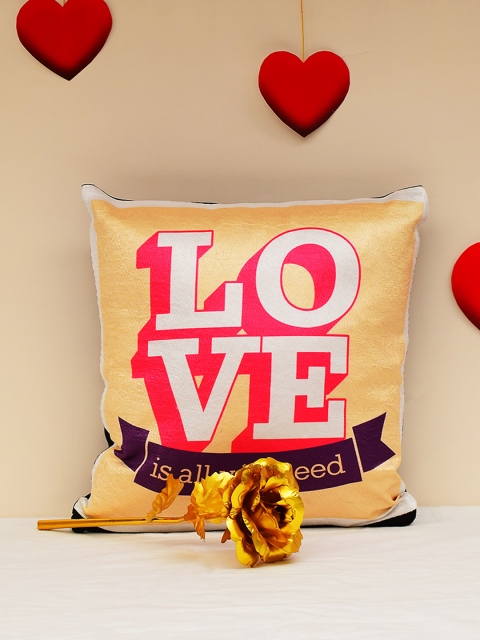 

Archies Love Gifts Set of 2 Valentines Day Special Printed Cushion & Golden Rose Gift Set, Yellow