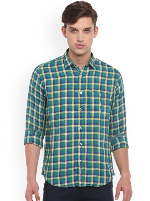 

Linen Club Men Green & Yellow Checked Casual Shirt