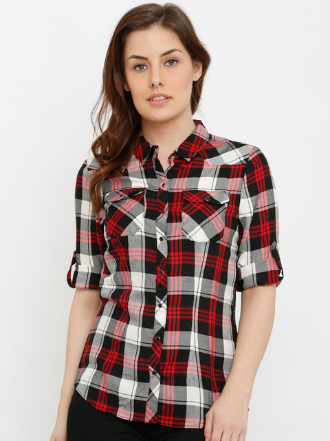 

Kraus Jeans Women Red & Black Regular Fit Checked Casual Shirt