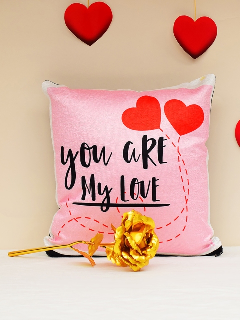 

Archies pink 1st Valentines Day Special Cushion (30x30) & 24K Golden Rose- Pack of 2
