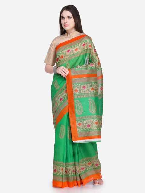 

Silk Bazar Green & Orange Silk Blend Printed Khadi Saree