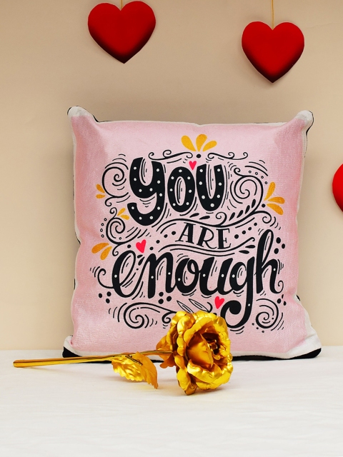 

Archies Love Gifts Set of 2 Valentines Day Special Printed Cushion & Golden Rose Gift Set, Pink