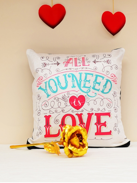 

Archies Love Gifts Pack Of 2 black 1st Valentines Day Special Cushion & 24K Golden Rose, White