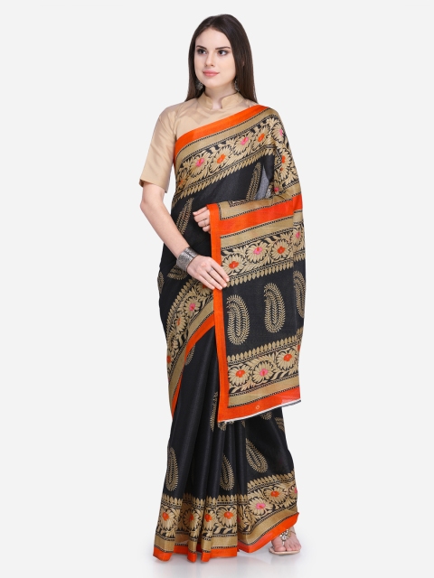 

Silk Bazar Black & Orange Silk Blend Printed Khadi Saree