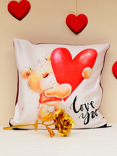 

Archies Love Gifts Set of 2 Valentines Day Special Printed Cushion & Golden Rose Gift Set, White