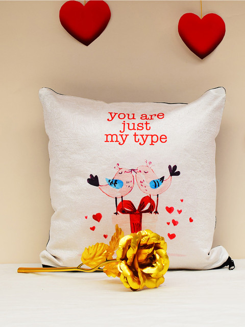 

Archies White Printed Cushion with 24K Golden Rose Gift Set