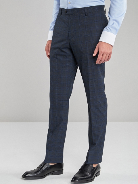 

next Men Navy Blue Regular Fit Checked Formal Trousers