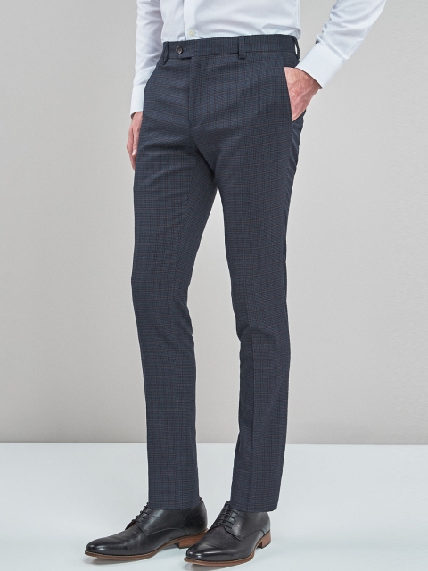 

next Men Navy Blue Regular Fit Checked Formal Trousers