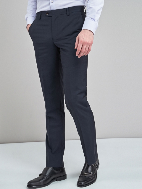 next Men Navy Blue Tapered Fit Solid Formal Trousers