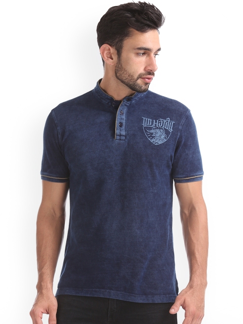 

Ed Hardy Men Navy Blue Solid Henley Neck Pure Cotton T-shirt